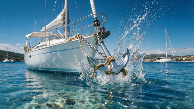 Shiny metal boat anchor dropping into clear blue ocean water creating a dynamic splash from a white yacht. Nautical sailing and mooring concept.