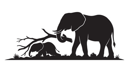 Elephant family with branch depicted in a black silhouette © MDAbdul
