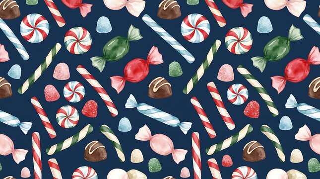 seamless pattern of winter candies, peppermint style round sweets, striped candy sticks