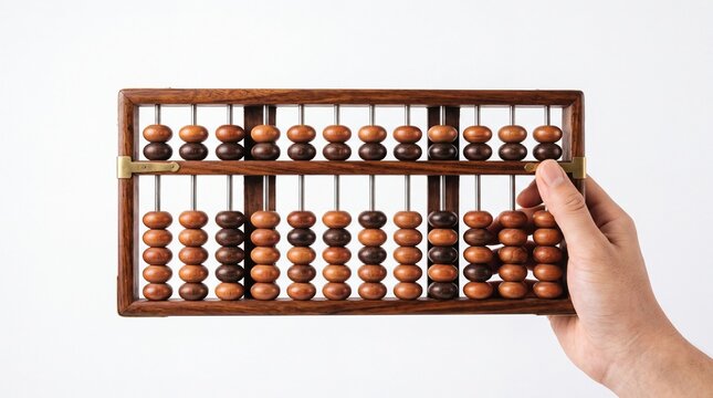Wooden abacus held by human hand showing vintage counting tool for calculation on white background