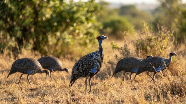 A small flock of crested guinea fowl foraging in dry grassland during golden hour in the african savanna