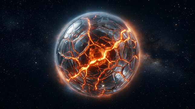 Cracked planet with glowing lava core in deep space | Cinematic sci-fi concept of an exploding celestial body | Dramatic digital art of a shattering crystalline world | Abstract cosmic explosion of a 