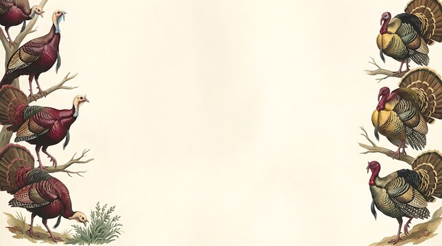 Vintage style thanksgiving border design featuring wild turkeys on a plain cream background frame