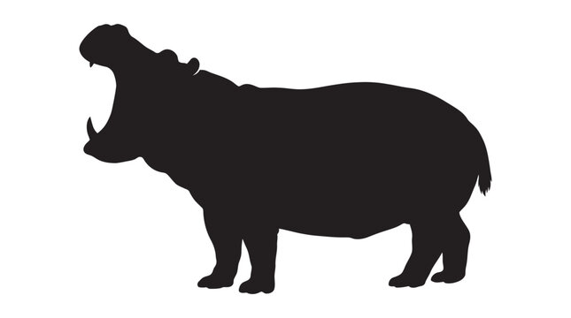 A hippopotamus with an open mouth is depicted as a black silhouette