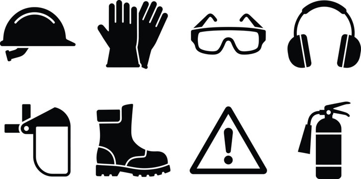 Comprehensive Vector Icon Set of Industrial Personal Protective Equipment Featuring Hard Hat, Safety Goggles, Gloves, Earmuffs, Face Shield, Work Boots, Warning Sign, and Fire Extinguisher.