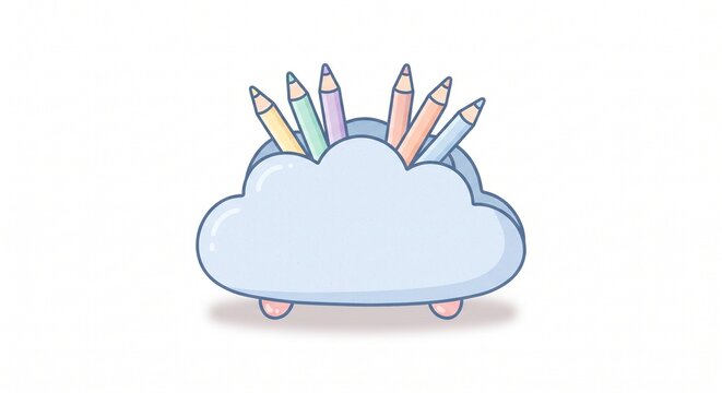 Cute cloud-shaped pencil holder with colorful pencils illustration on a white background