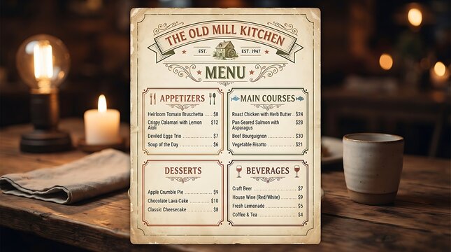 Vintage food menu template on a rustic wooden restaurant table with warm candle lighting
