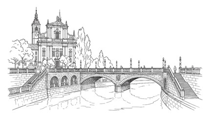 Obraz premium Elegant Stone Bridge and Baroque Church Facade, Sketch Style, Isolated on White
