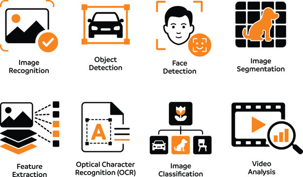 Computer Vision Icon Set with Image Recognition, Object Detection, Face Detection, Image Segmentation and OCR