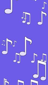 Seamless loop. White notes march across periwinkle blue screen in vertical animation. Cheerful motion graphic celebrates melody and rhythm for mobile stories, reels, and music apps.