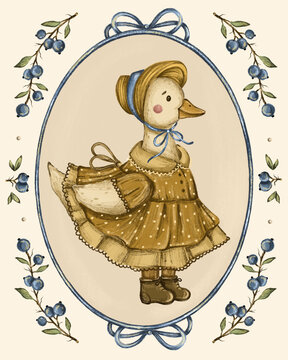 Vintage duck in bonnet framed with blueberry branches