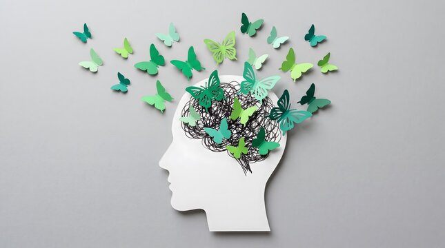 Conceptual image of a human head dissolving into lush green trees representing growth nature and mental wellbeing