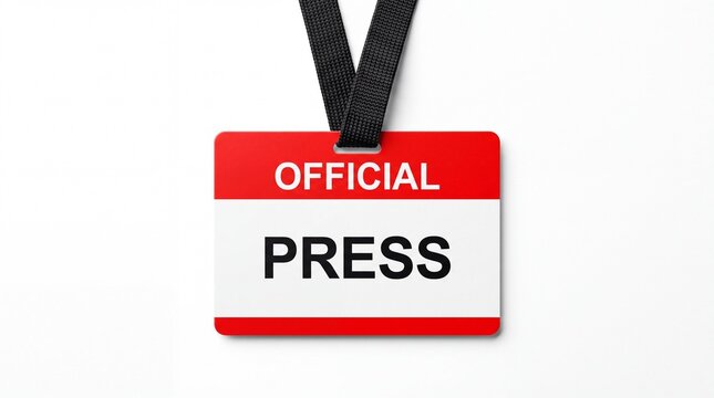 Official press badge hanging from black fabric strap captured in studio lighting on white background