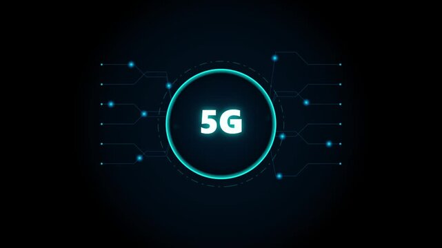Futuristic 5G technology symbol glows inside a layered circular interface with smooth digital motion and a dark cyber background.