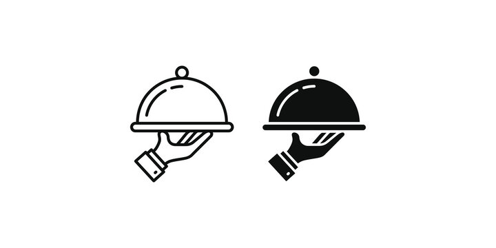 Serving cloche icons with hand holding tray in linear and solid styles for hospitality and food service industry.