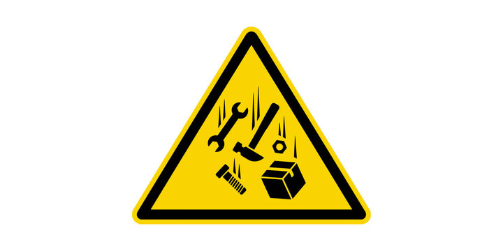 Falling objects hazard yellow triangular warning sign isolated on transparent background for safety.