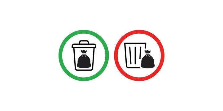 Trash can icons with waste bag in green and red circles depicting proper disposal and littering.