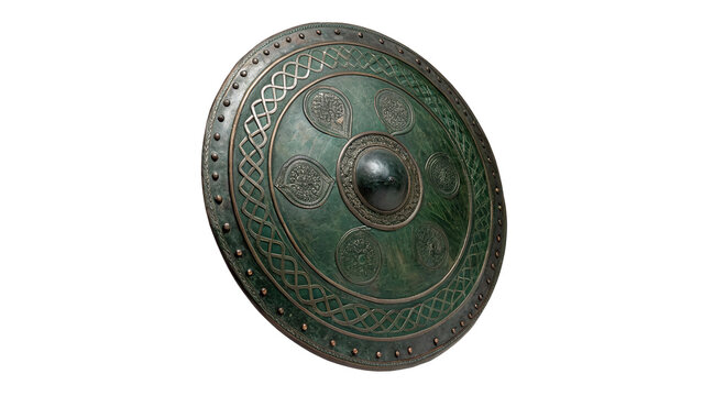 Ancient round bronze shield with detailed green patina metal armor defense element
