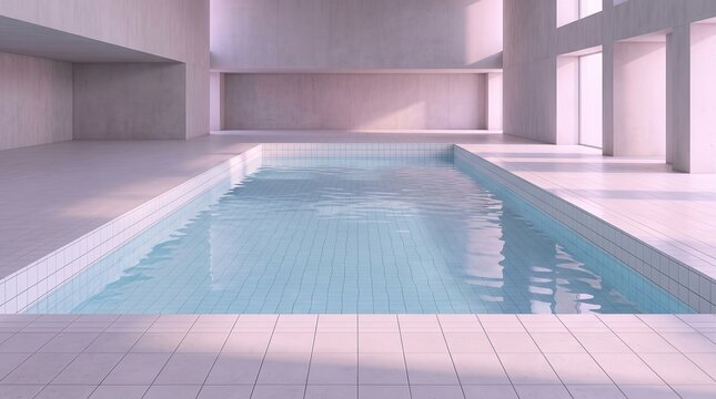 Surreal liminal space empty indoor swimming pool with pastel pink sunset sunlight reflections on water and tiled walls for aesthetic vaporwave dreamcore background
