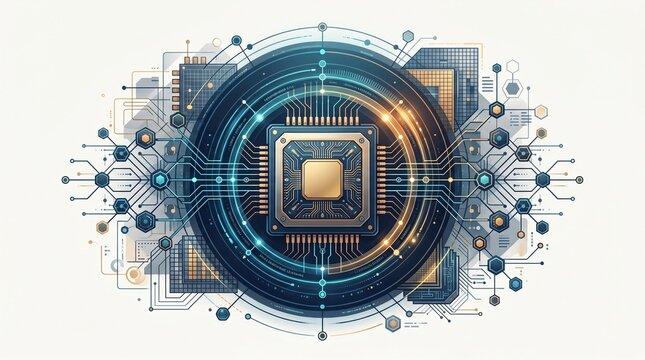 Golden microchip with complex circuit board patterns surrounded by glowing digital lines and various abstract technological elements for data processing.