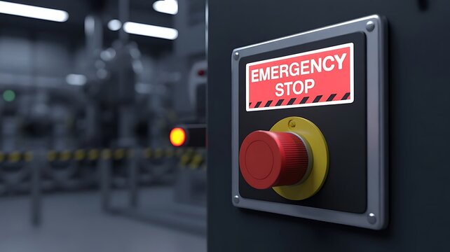 Industrial emergency stop button with red circular switch and illuminated sign on a dark control panel in a manufacturing factory production facility