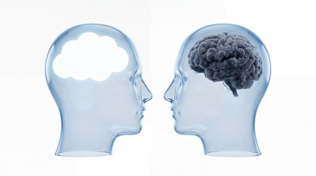 Transparent human heads showing contrast between empty cloud and biological brain icons on white background