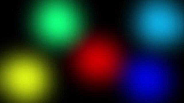 Dark background with glowing green red blue Booker circles animation blurred colorful light dots motion loop video animation.