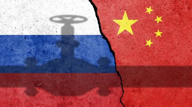 Flag of China and Russia painted on a concrete wall. Relationship between China and Russia.