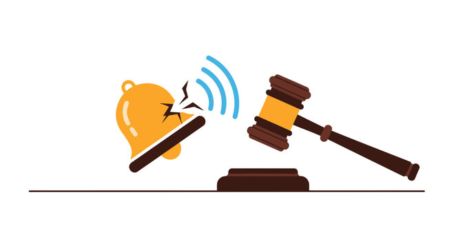 Judge Gavel Striking and Breaking Bell Illustration, Law and Justice Concept