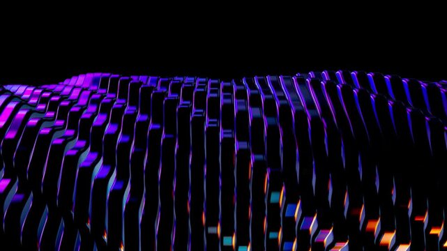 Futuristic Dark Purple Wave Seamless Loop Video, Abstract Cybernetic Slat Array Motion Graphics, Minimal Tech 3D Render &ndash; Continuous flowing motion of parallel dark fins reflecting subtle magenta