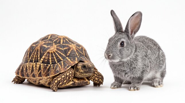 Detailed star tortoise standing beside a fluffy grey rabbit isolated studio shot on white background