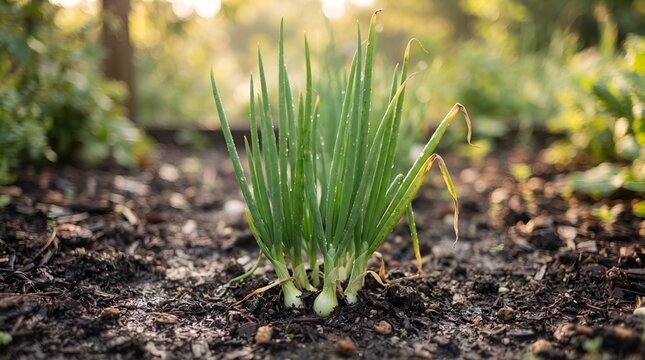 Fresh green spring onions growing in dark fertile soil in a vegetable garden.