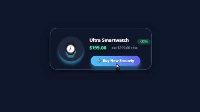 Ultra Smartwatch product promotion card animation with price discount and Buy Now Securely button against a dark background motion graphic loop