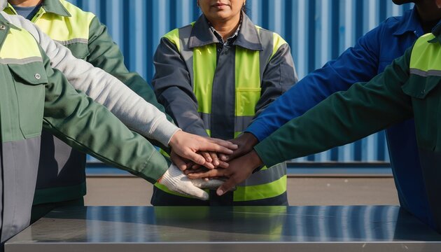 A group of professional logistics workers in safety gear stacking their hands together in a gesture of unity outside a warehouse