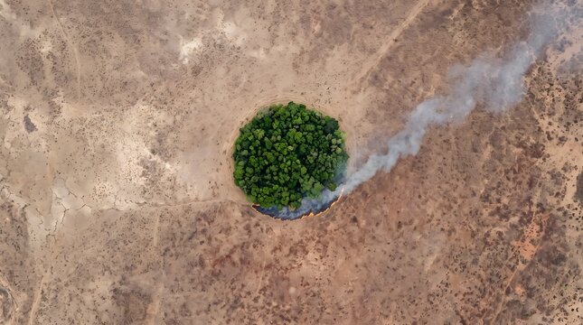 Aerial view of an isolated green forest surrounded by dry brown land, with wildfire smoke and fire along one edge, symbolizing climate stress and ecosystem vulnerability. Generative AI artwork.
