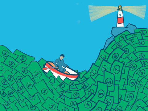 A small boat sailing on a rough sea of money