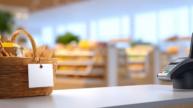 A close-up view of a rustic basket with a blank label and a payment terminal in a bright store