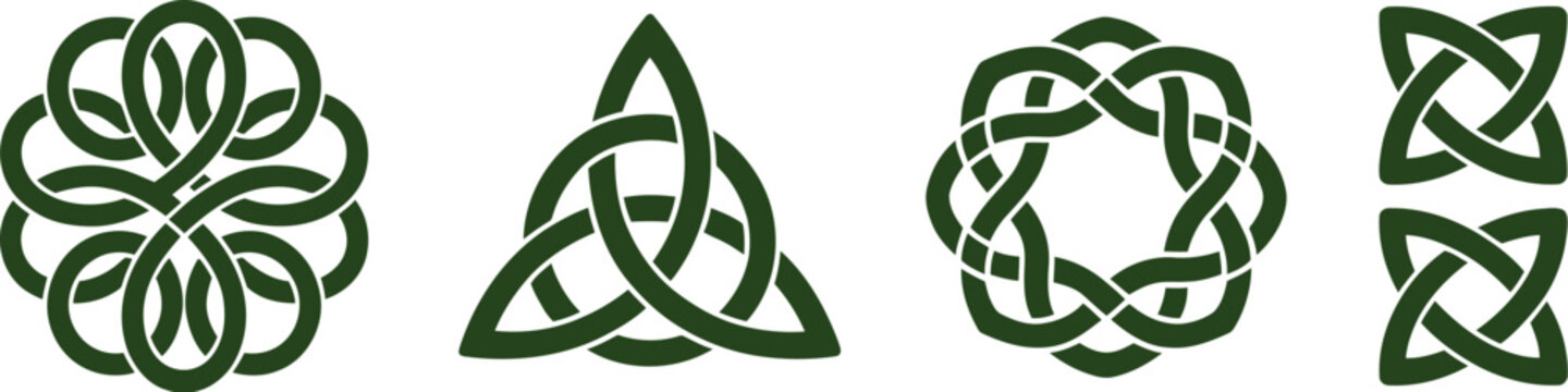 Green Celtic knot symbol set featuring triquetra trinity knot intricate Irish knotwork motifs isolated on white background vector illustration.