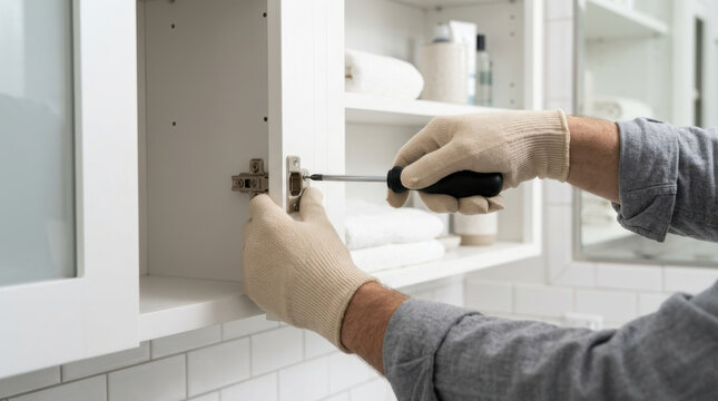 Gloved hands tightening cabinet hinge with screwdriver during home repair