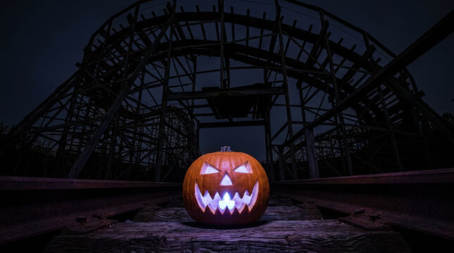 Glowing pumpkin beneath abandoned roller coaster tracks creates spooky Halloween scene with dramatic shadows, weathered wood, and eerie amusement park atmosphere