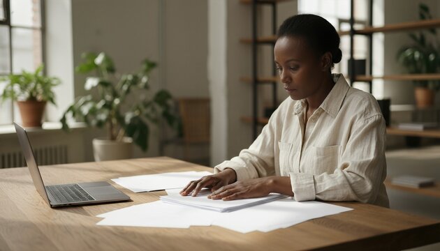 A middle aged woman sitting at a rustic wooden desk in a bright studio leaning forward with a weary posture suggesting heavy thoughts