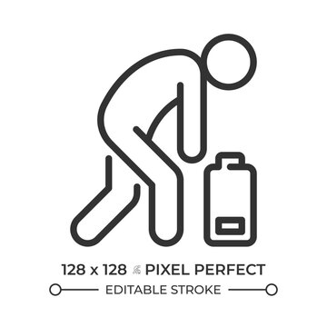 Slouching human figure pixel perfect simple line icon. Corporate hustle culture. Mental health. Low battery burnout. Overwhelming daily fatigue. Contour outline pictogram. Minimalist linear vector
