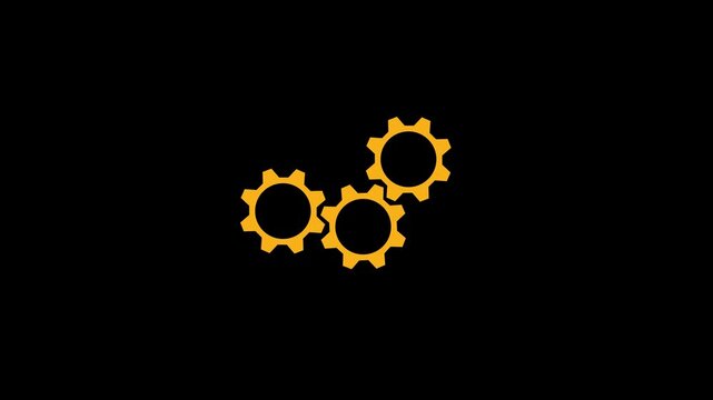 A graphical representaion featuring yellow gear cogs against a pristine black backdrop.4k video three Inter locking gears on background 4k video