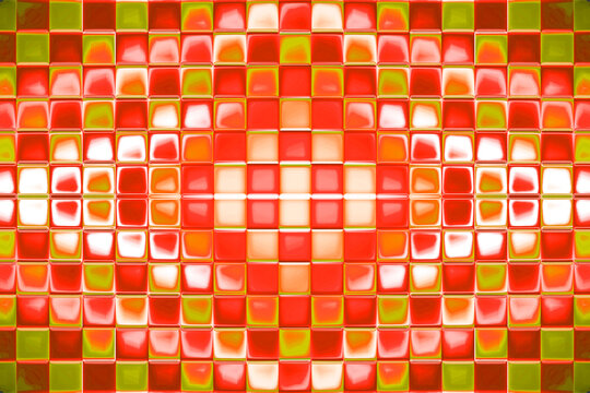 Symmetrical glowing RED YELLOW 3D glass square block background texture
