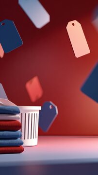 Floating tags with vibrant colors surround a white laundry basket and neatly folded towels