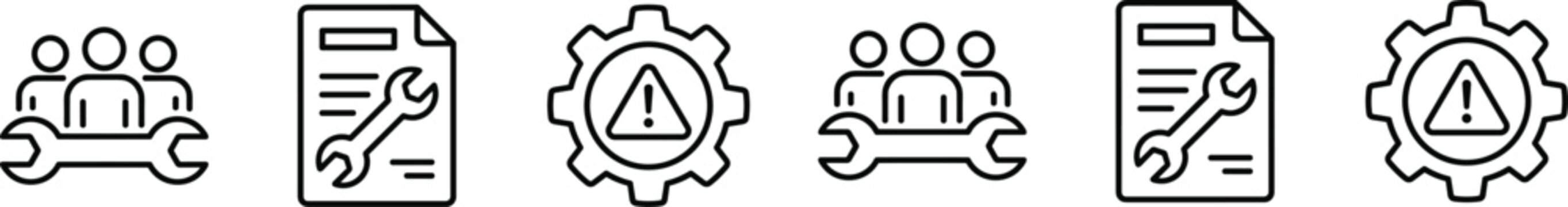 Set of line icons representing team management, technical documentation, and system maintenance or error troubleshooting