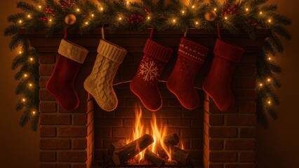 Obraz premium Cozy festive fireplace stockings decoration desktop wallpaper
