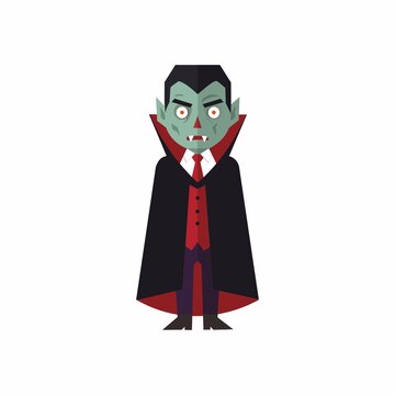 Flat Vector Illustration of Cartoon Vampire Character in Black Cape and Red Suit