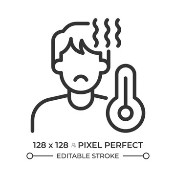 High body temperature symptoms pixel perfect simple line icon. Seasonal flu virus recovery. Common cold health issues. Viral infection signs. Contour outline pictogram. Minimalist linear vector