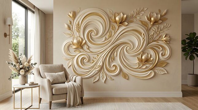 Elegant golden floral wall sculpture above a beige armchair in a modern living room interior